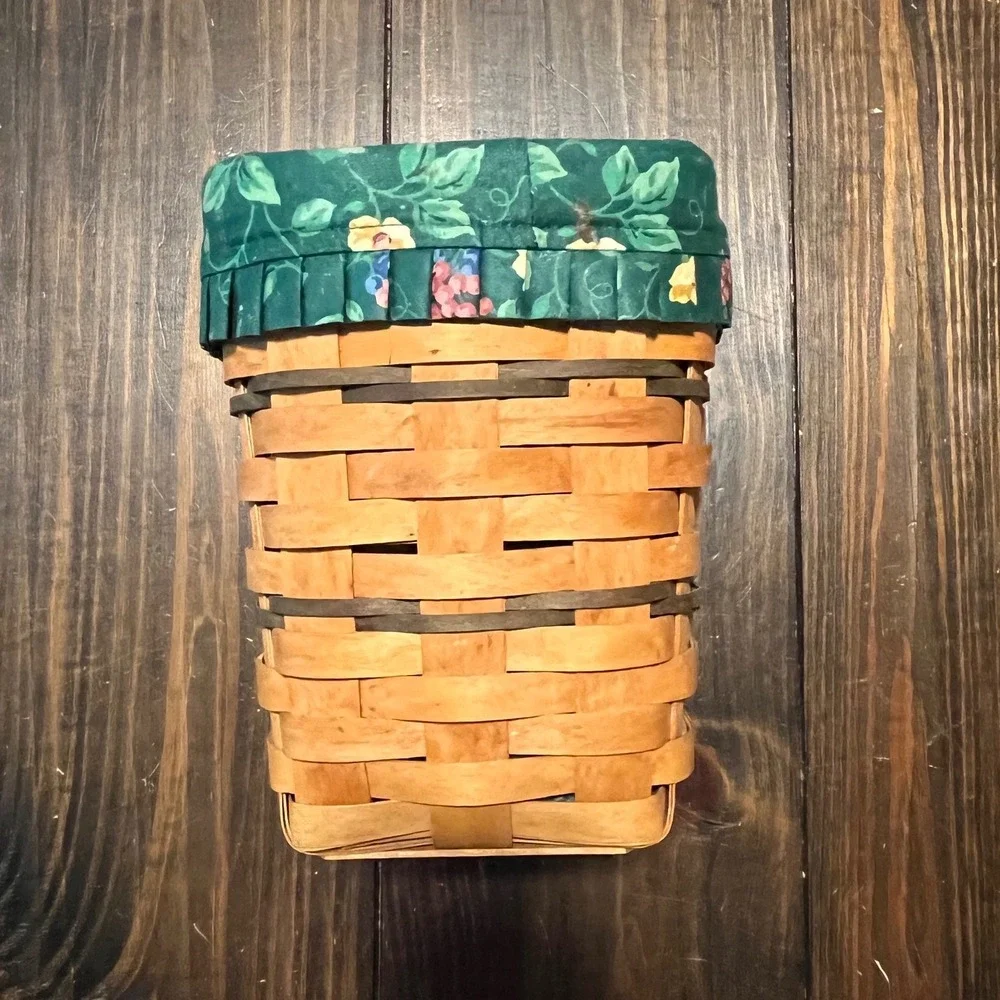 Longaberger 1996 Handwoven Basket Green Floral Fabric Liner Tapered Square USA
